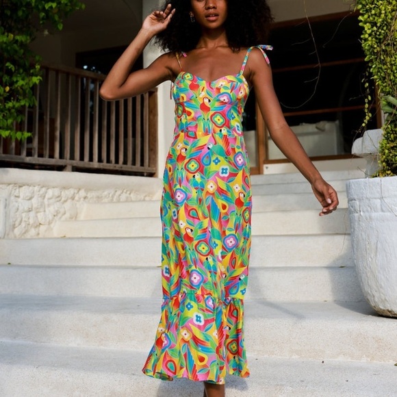 Kenny Flowers Dresses & Skirts - Kenny Flowers Dress Boho Caribbean Bird Print Silk‎ Midi Sz S